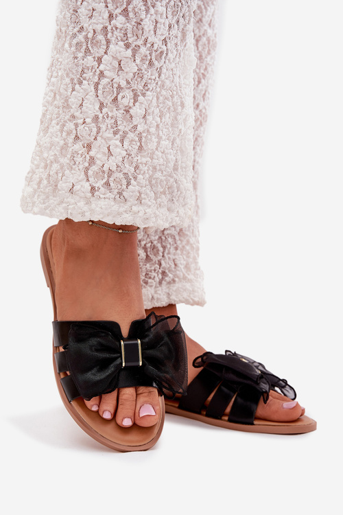 Жіночі Сандалі На Плоскому Каблуці З Тюлевим Бантом Чорні Tanira