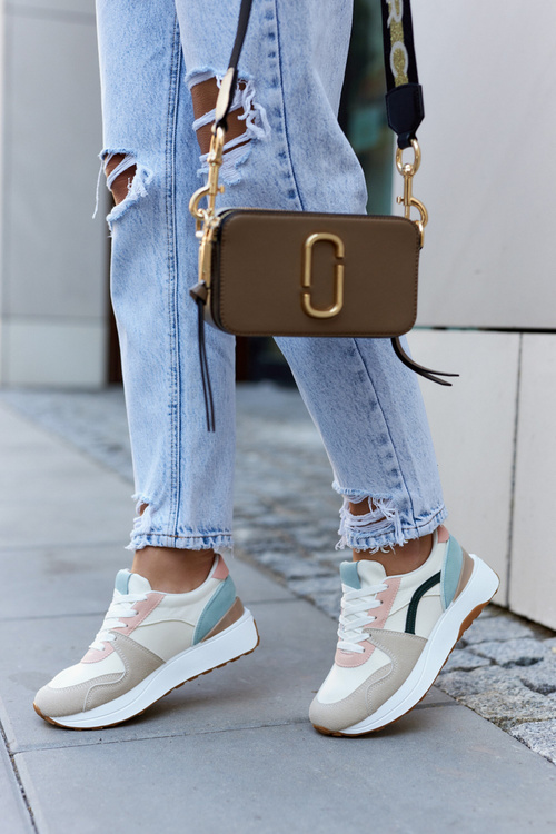 Шкіряні спортивні туфлі на зав'язках бежевого та зеленого кольору Coryse