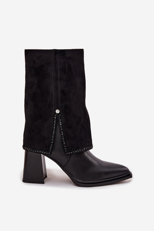 Шкіряні жіночі черевики на підборах з загнутим халявою з опаленням Maciejka K7206-01 Чорний