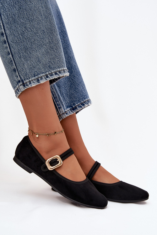 Балерінки з ремінцем і золотою пряжкою еко замшеві чорні Adelora