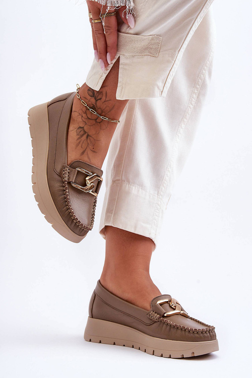 Zazoo 10141 Шкіряні лофери на платформі з декором темно-бежевого кольору