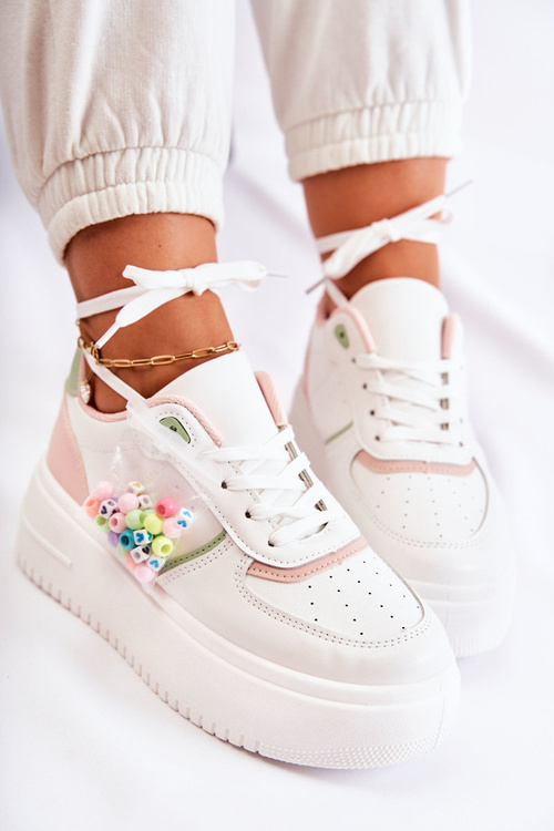 Жіноче спортивне взуття на зав'язках Кросівки біло-рожеві Manila