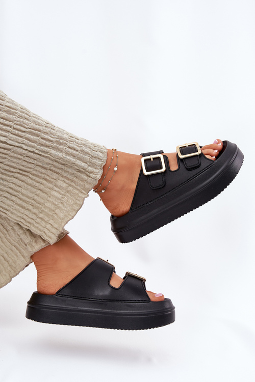 Жіночі Сандалі На Платформі З Золотими Пряжками Чорні Zorila