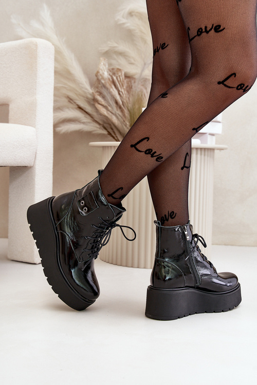 Жіночі лаковані ботильйони Zazoo 60499 на платформі та танкетці утеплені з натуральної шкіри темно-зелені