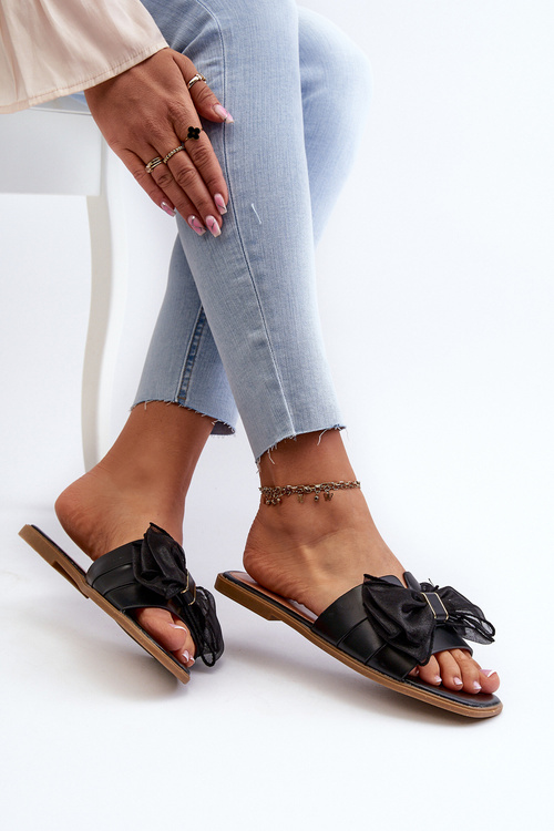 Жіночі чорні сандалі на плоскій підошві з бантом Балінда