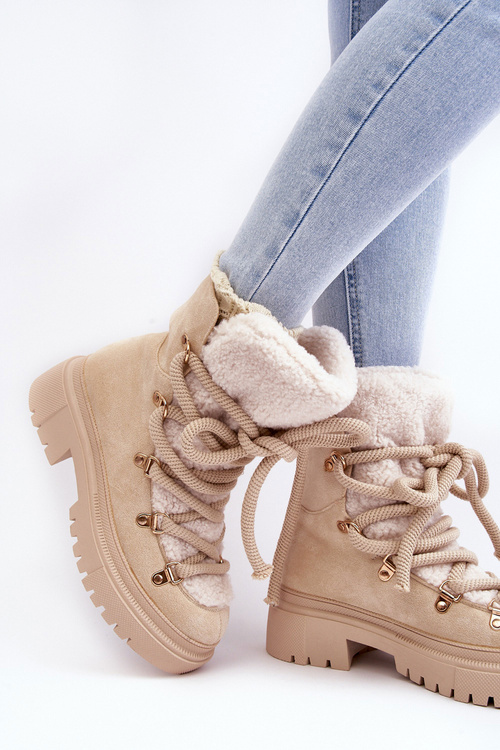 Жіночі снігові черевики на шнурівці світло-бежеві шалі