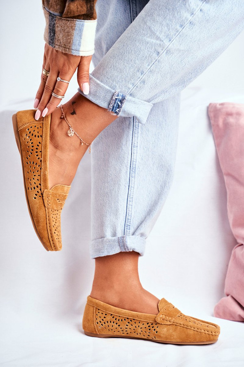 Замшеві ажурні мокасини жіночі S.Barski Camel