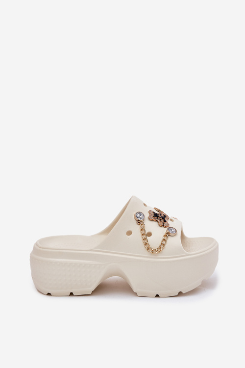 Пінні жіночі тапочки на масивній платформі з золотими акцентами ecru Ivoriel