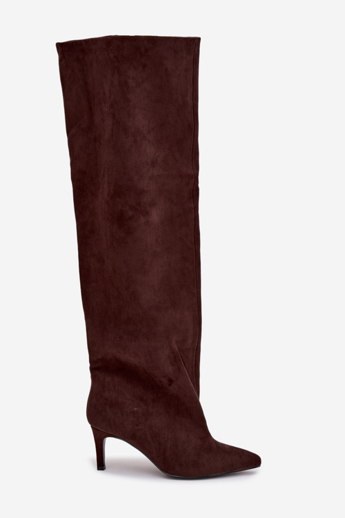 Жіночі чоботи на високому каблуці без застібки шоколадні Mavilla