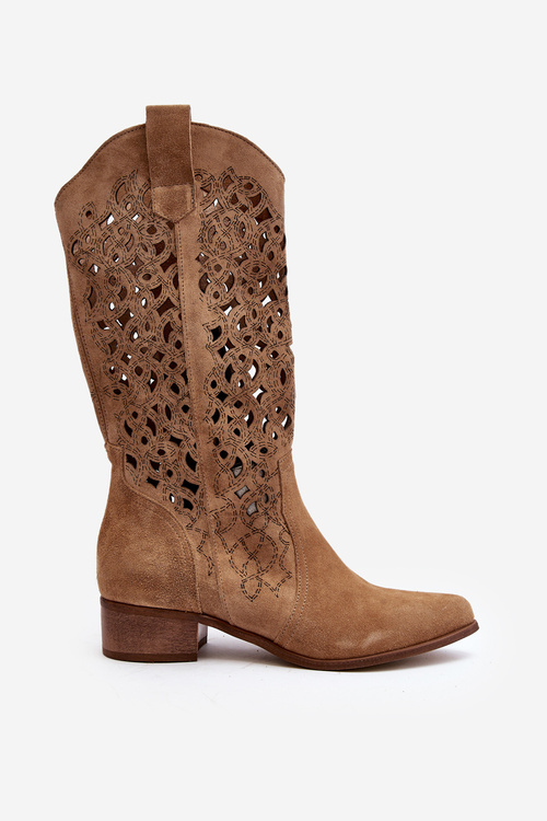 Ажурні жіночі чоботи Zazoo 3403 на низькому каблуці бежеві