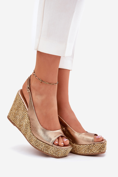 Жіночі Шкіряні Сандалі На Танкетці З Плетінням Лаура 2789 Золоті