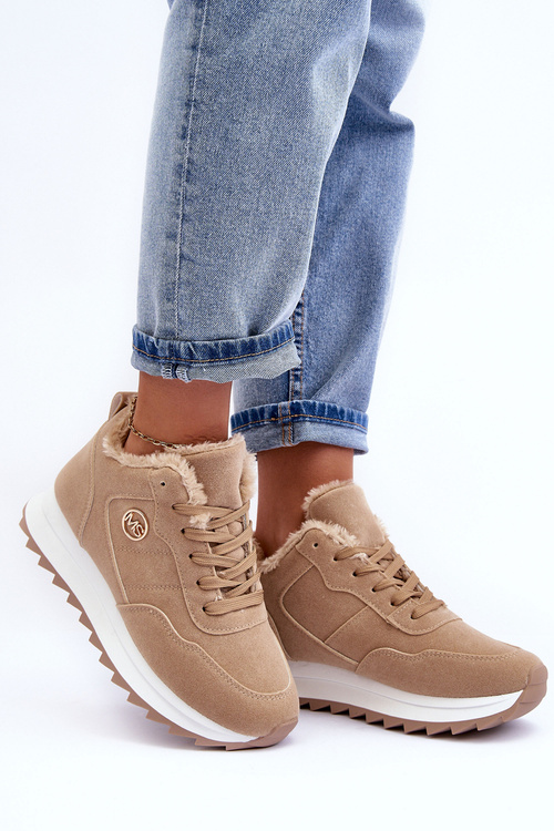 Шкіряне спортивне взуття на платформі з утеплювачем темно-бежевого кольору Adite