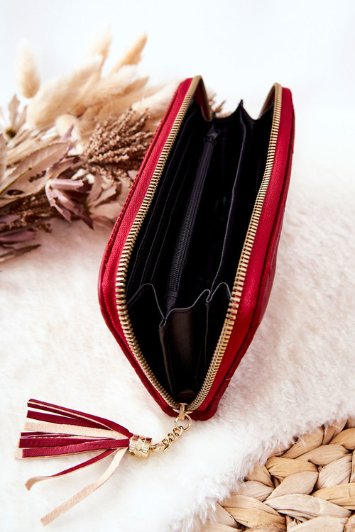 Великий стьобаний гаманець на блискавці з ремінцем червоного кольору