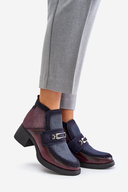 Жіночі шкіряні ботильйони на масивному каблуці з декором Maciejka 06747-23 Бордово-Синій