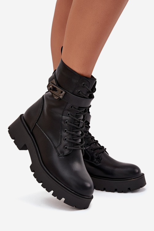 Жіночі Робочі Чоботи З Декоративним Ремінцем Утеплені Еко Шкіра Чорні Selita