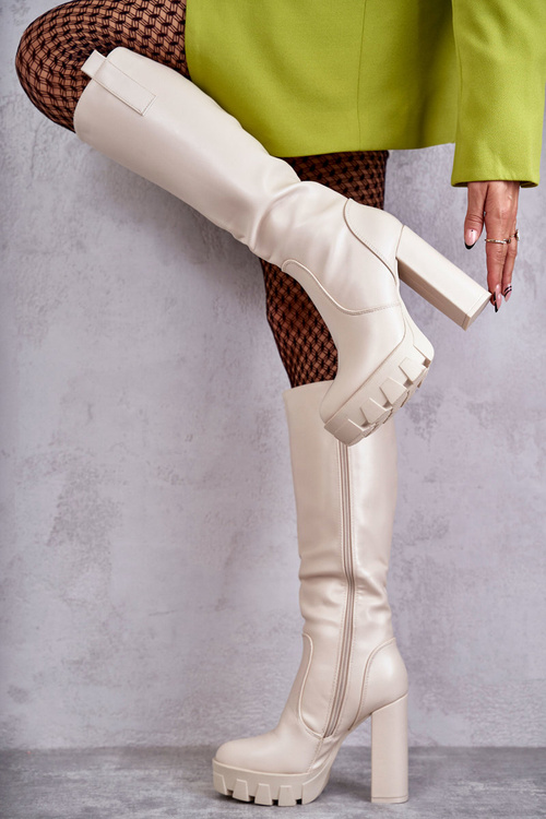 Модні шкіряні чоботи на платформі бежеві Isabell