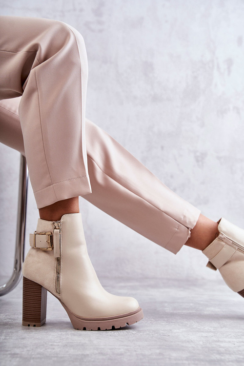 Шкіряні чоботи на високих підборах з декоративною блискавкою Бежеві Rosita