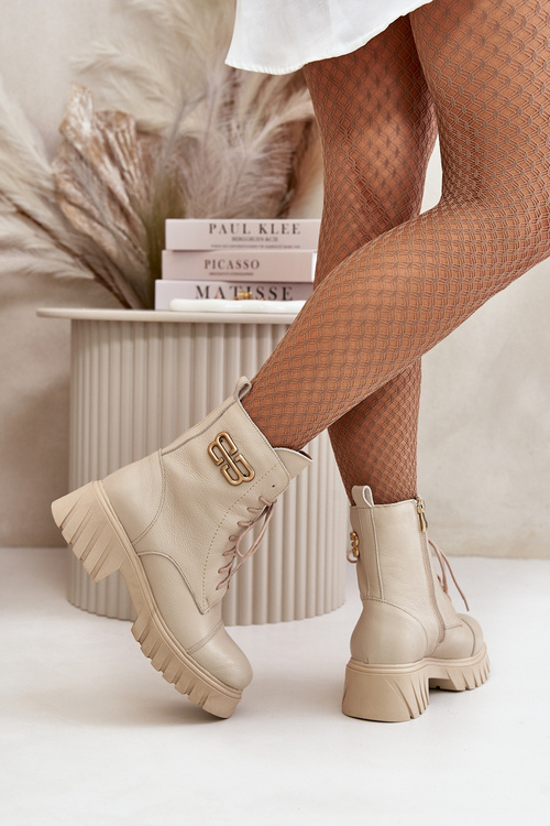 Zazoo 60486 Шкіряні ботильйони Робочі утеплені із золотими деталями світло-бежеві