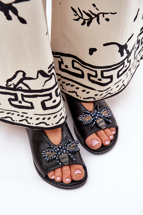 Блискучі Жіночі Сандалі З Декорацією Плоскі Чорні Russona