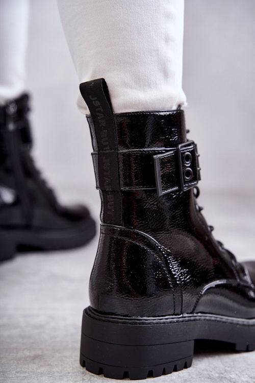 Жіночі лаковані чоботи на плоскому каблуці зі шнурівкою, чорні Firmina