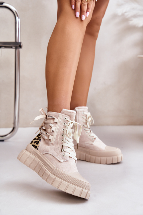 Жіночі ботильйони на платформі з декоративною шнурівкою леопардові світло-бежеві Edidda