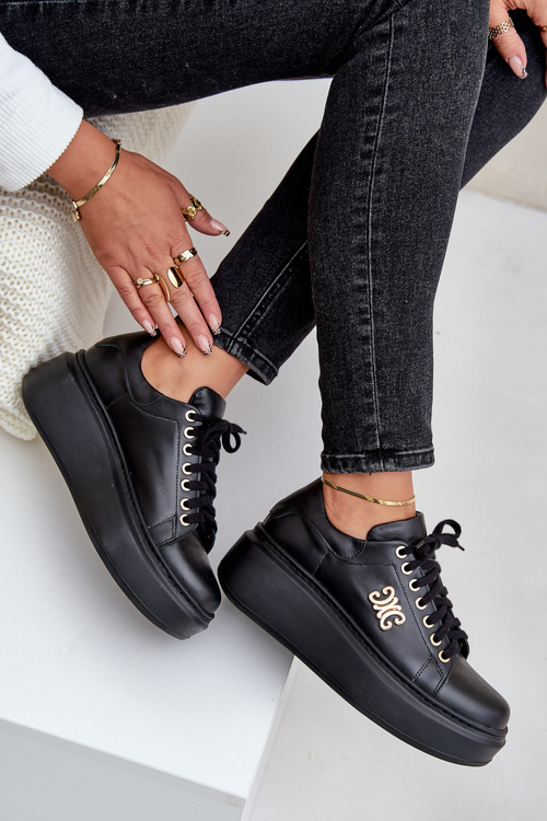 Кросівки З Природної Шкіри На Платформі Золота Декорація Левський 3428 Чорні