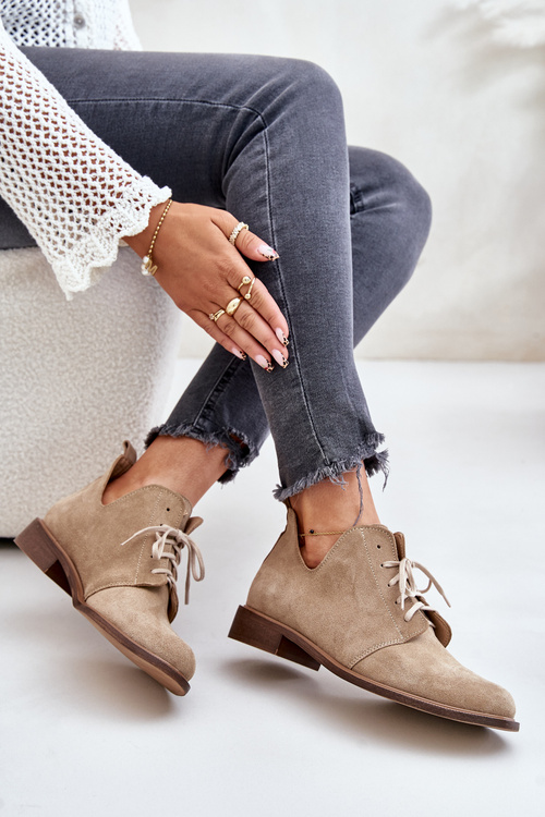 Zazoo 2959 Замшеві туфлі-оксфорди на шнурівці на підборах, бежевий