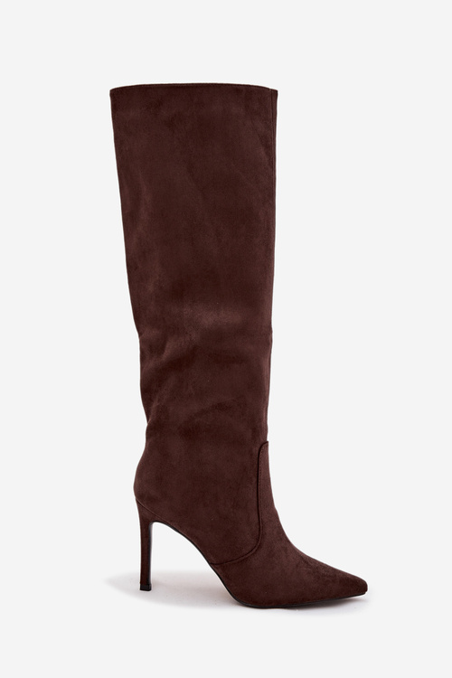 Теплі жіночі чоботи на підборах із еко замші шоколадні Rosavine