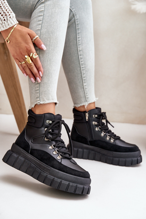 Жіночі утеплені ботильйони на платформі чорні Jelenia