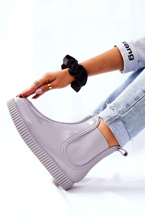 Блискучі гумові чоботи калоші на платформі сірий водоспад