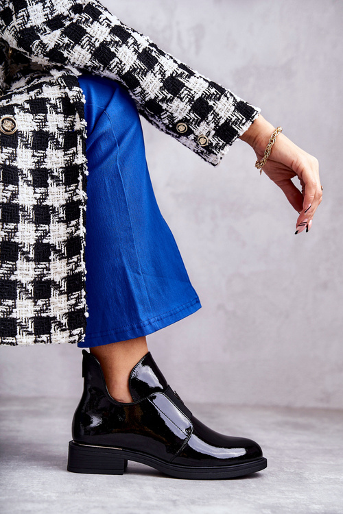 Лаковані чоботи з вирізами на плоскому каблуці Чорні Юніс