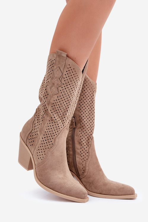 Вирізані Ковбойські Черевики На Каблуку Темно-бежеві Salive