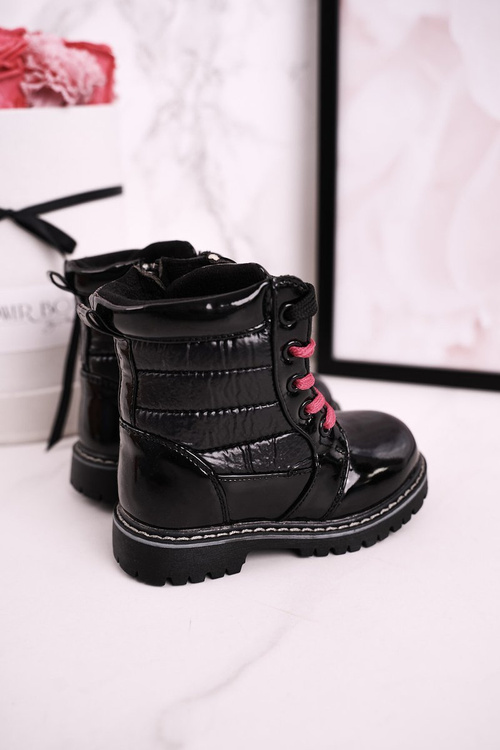 Дитячі утеплені черевики з стьобаним лаком Black Pinkie