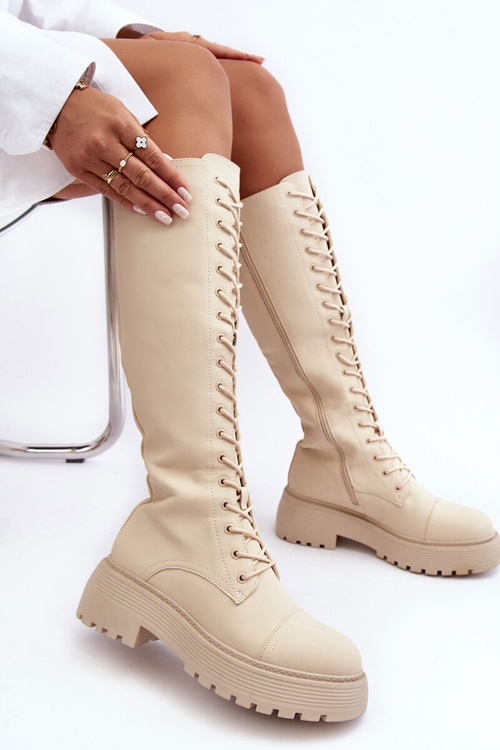 Жіночі утеплені чоботи на шнурівці Glany вище коліна, бежевого кольору Bergdis