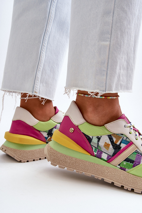 Жіночі шкіряні кросівки на платформі Maciejka 06322-09 Зелено-рожеві