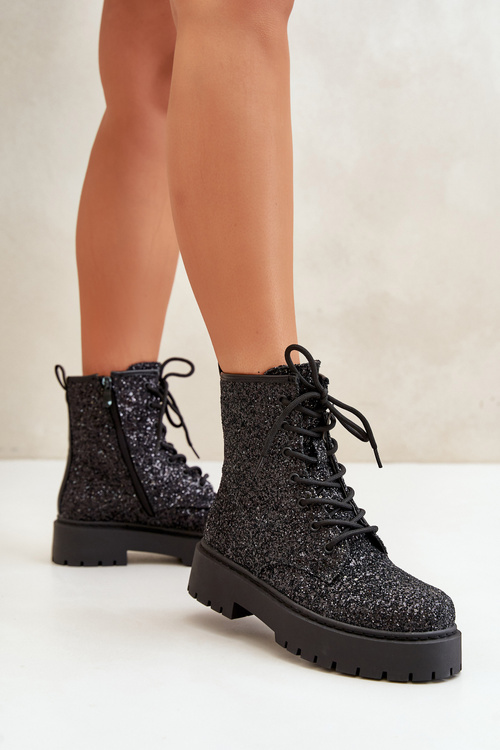 Жіночі робочі черевики утеплені, прикрашені паєтками чорного ліатеїну