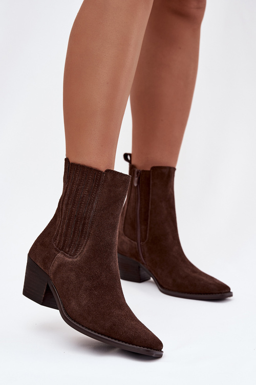 Замшеві жіночі чоботи на підборах утеплені коричневі Arelia