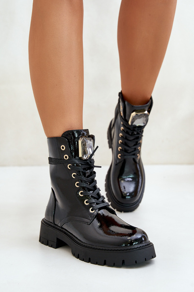 Черевики робітники лаковані утеплені з декором Black Depisa