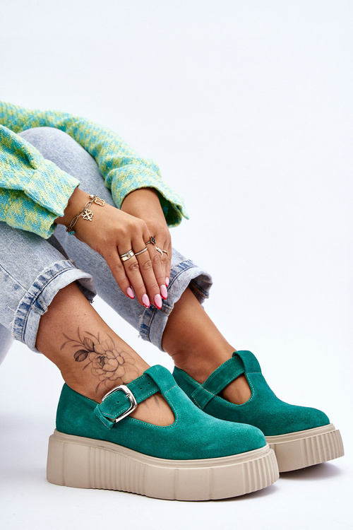 Модні замшеві броги на масивній платформі зеленого кольору Colson