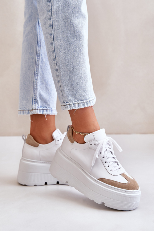 Шкіряні кросівки на масивній платформі біло-бежеві Lewski 3635/X