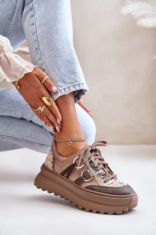 Жіночі шкіряні кросівки на платформі Maciejka 06562-10 Темно-бежеві