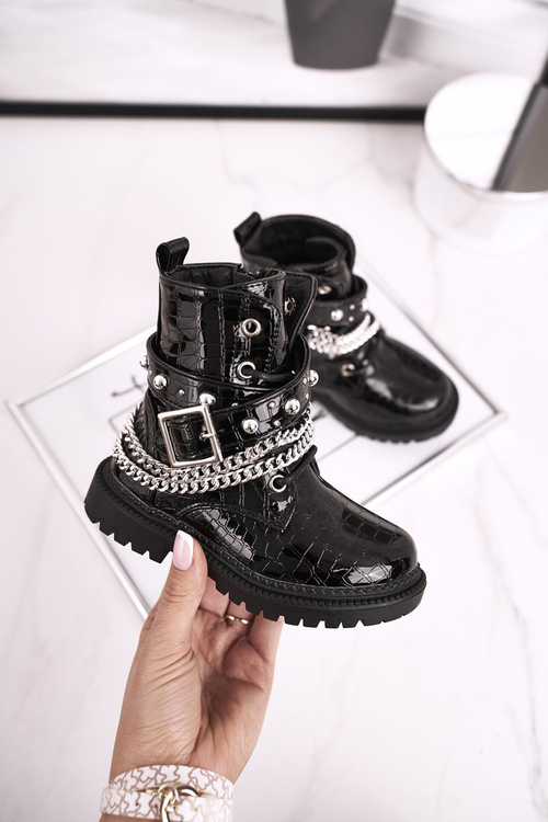 Дитячі чобітки на ланцюжку, утеплені хутром, лаковані Доллі чорного кольору