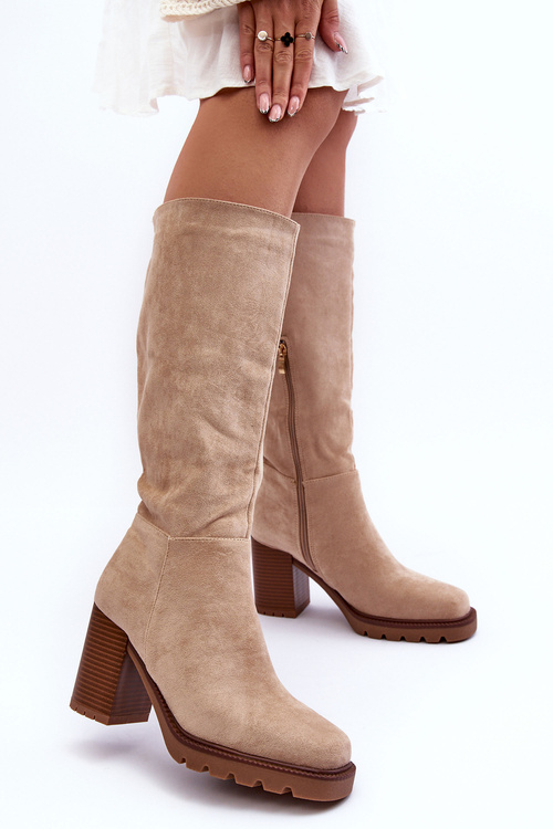 Жіночі замшеві чоботи на масивному каблуці бежеві Virdana