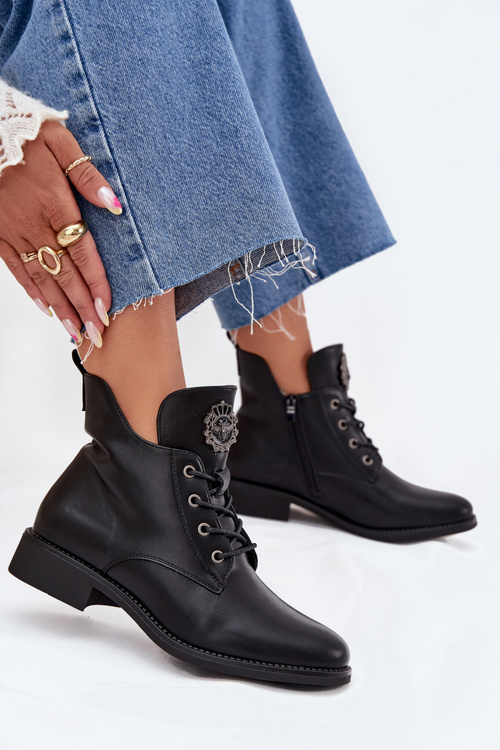 Низькі Жіночі Черевики На Плоскому Каблуці З Декоративним Елементом Утеплені Чорні Cylira