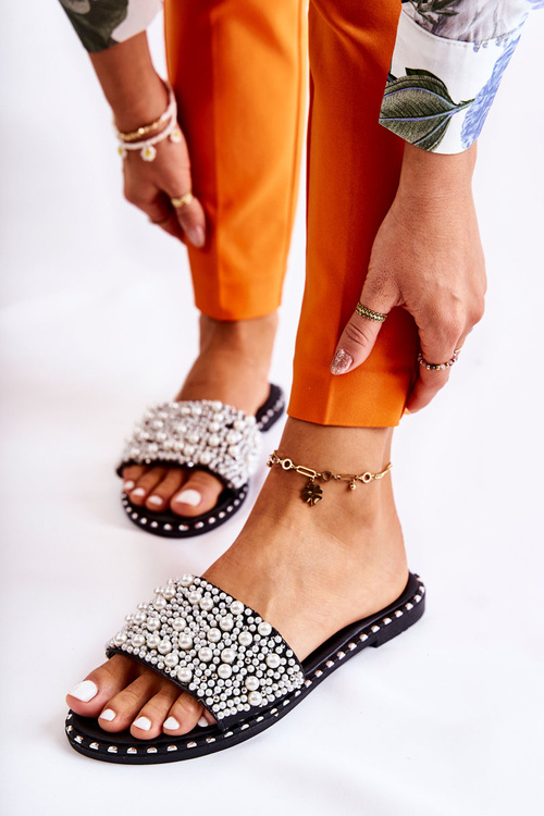 Жіночі тапочки з перлами Чорні Vamero