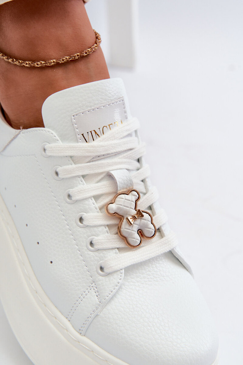 Жіночі шкіряні кросівки на платформі з ведмедиком білі Vinceza 66641