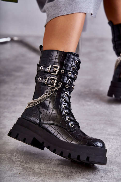 Високі робочі черевики з ланцюгом зі змійкою чорного кольору Montero