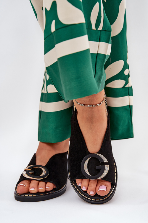 Елегантні жіночі босоніжки з золотим декором на плоскій підошві Чорні S.Barski KV27-053