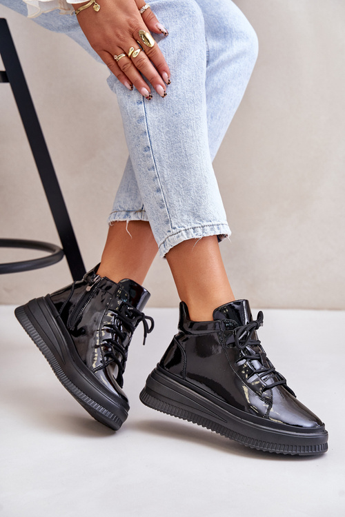 Легке лаковане спортивне взуття на платформі з натуральної шкіри Artiker 55C1049 Чорне