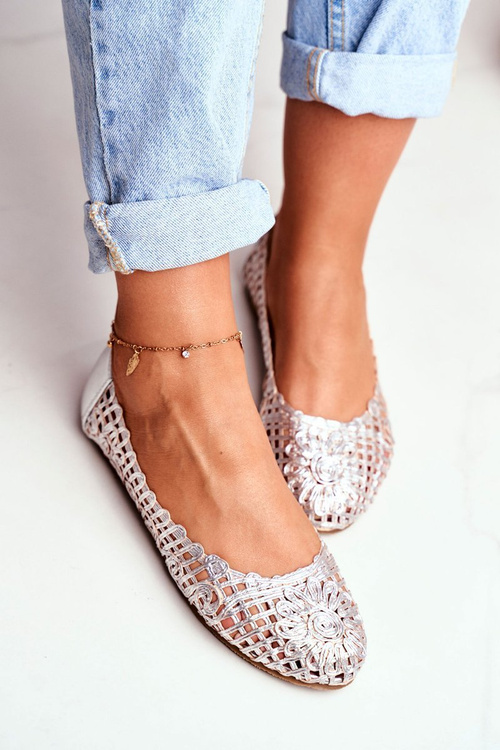 Жіночі балерини Lu Boo. Срібна ажурна плетена сумка